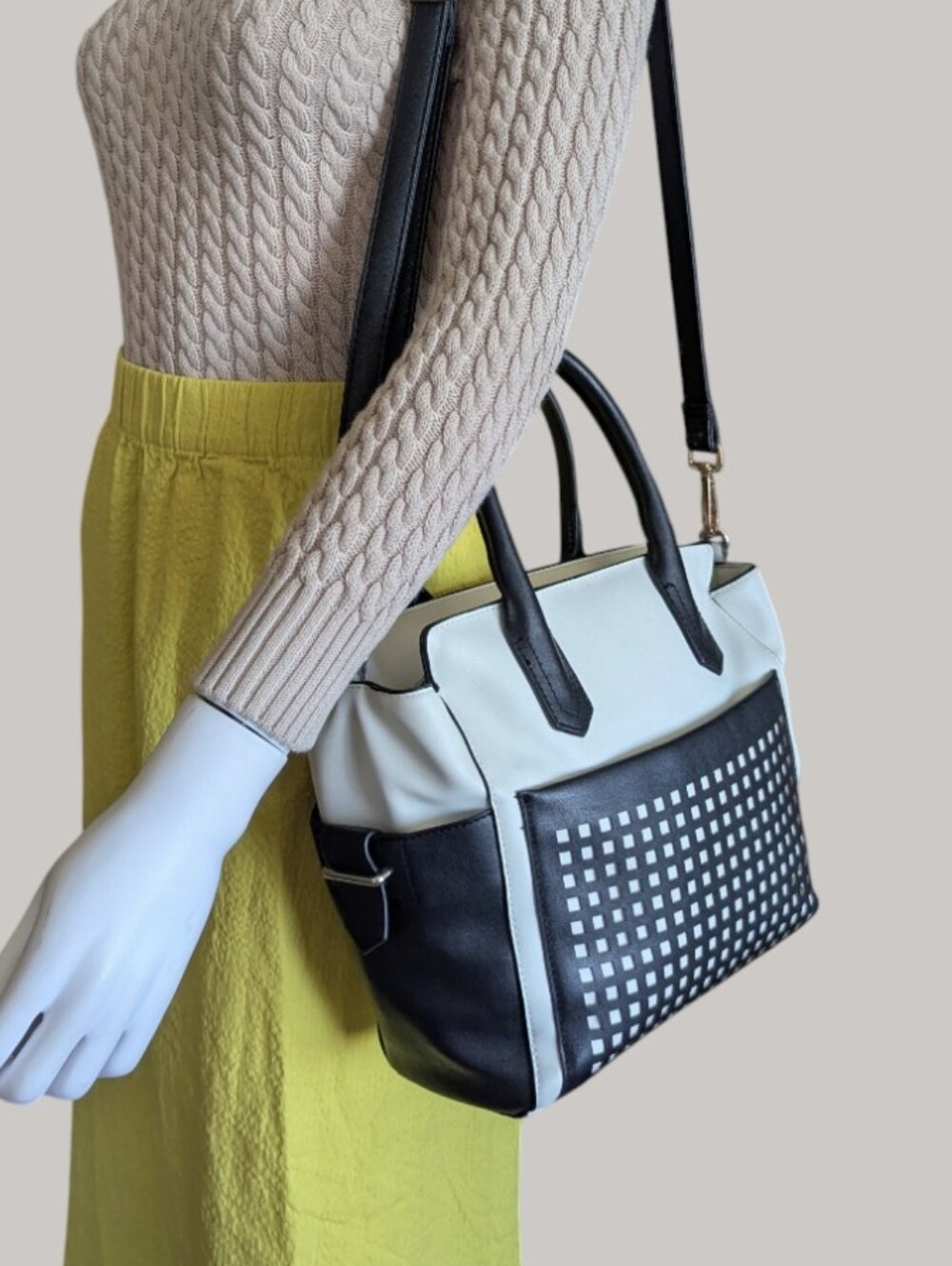 Reef Black and Cream Shoulder Tote with Studded Front Panel